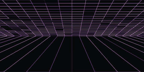 Naklejka premium Glowing neon purple wireframe background. Shining checkered grid planes in perspective. Bright retro futuristic horizon wallpaper. Arcade game sci fi matrix surface. Vector backdrop for poster, banner