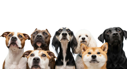 Six diverse dogs looking up expectantly, prominent wet muzzles, in a studio close-up on a soft blurred light blue background with copy space. Concept of curious canine anticipation