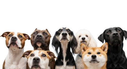 Six diverse dogs looking up expectantly, prominent wet muzzles, in a studio close-up on a soft blurred light blue background with copy space. Concept of curious canine anticipation