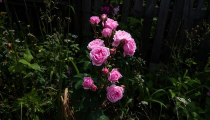 Pink roses bloom in a garden bed