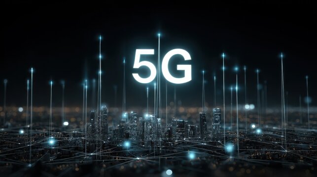 A conceptual design of 5G technology network infrastructure, with interconnected devices and seamless connectivity.