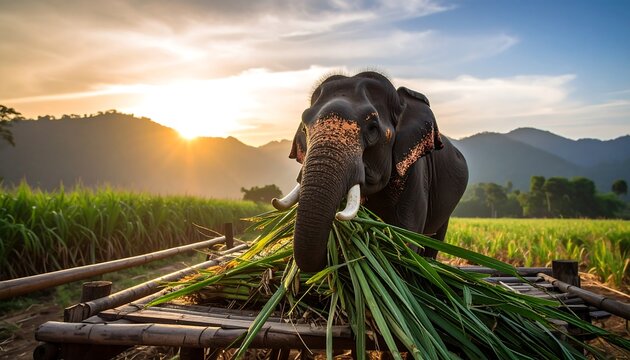 Majestic asian elephant eating sugarcane at sunrise in a green landscape - Powered by Adobe