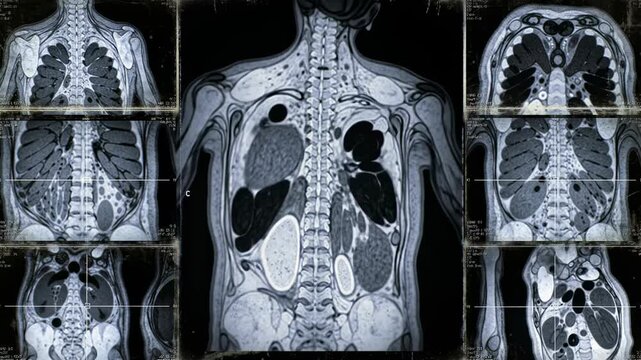 Composite collage of coronal MRI scans of a human torso, revealing internal organ anatomy and pathology like polycystic kidney disease