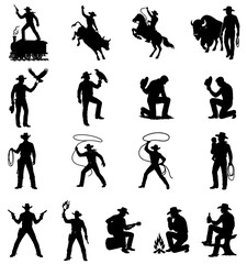 Set of cowboy silhouettes in wild west style: on train, horse, bull rider, kneeling, with bison, eagle, child, two revolvers, lasso, swinging rope, spinning lasso, torch, playing guitar, by campfire

