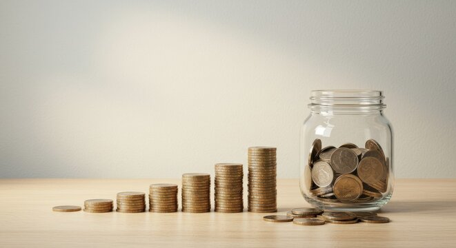 Financial growth and savings visualized through stacked coins and a jar of currency on a wooden surface