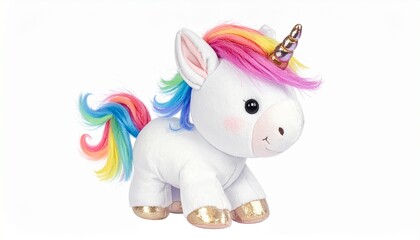 Plush unicorn toy with soft white fabric colorful rainbow mane sparkling horn stitched eyes and fantasy inspired design magical stuffed animal for children isolated on white background
