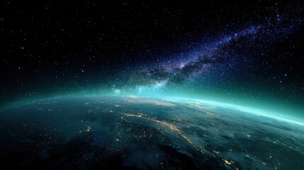 A night image of Earth from space, with the galaxy glow highlighting the planet beauty