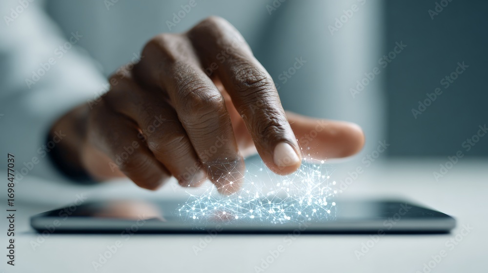 Poster close up of a businessman's hand interacting with a futuristic digital tablet, activating a vibrant 