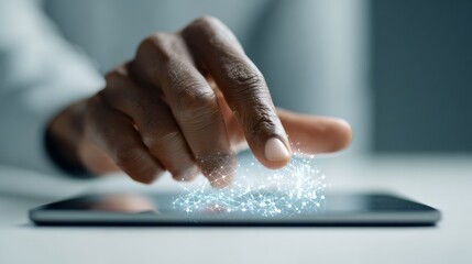 Close up of a businessman's hand interacting with a futuristic digital tablet, activating a vibrant network of interconnected nodes, symbolizing artificial intelligence and advanced technology