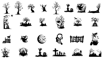 Halloween silhouettes set with haunted trees, crooked crosses, skulls with hollow eyes, ghosts, bats, cursed moon, graveyard fence, tombstones and rising hands from dark ground 