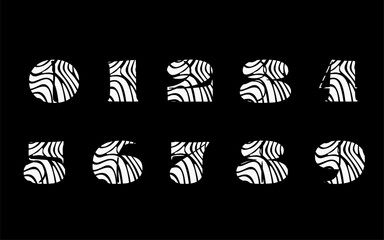 Abstract Line Pattern Number Font – White Numbers with Wood Grain Contour Texture on Black Background 0-9