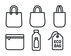 Set of minimalist eco-friendly bag and bottle icons for sustainable living
