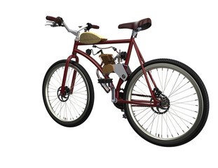 Fototapeta premium Vintage Motorized Bicycle 3D Render: Detailed maroon frame bike with white-wall tires, engine kit, isolated on high-resolution PNG transparent background. Retro urban commuting vehicle asset.