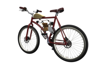 Vintage Motorized Bicycle 3D Render: Detailed maroon frame bike with white-wall tires, engine kit, isolated on high-resolution PNG transparent background. Retro urban commuting vehicle asset.