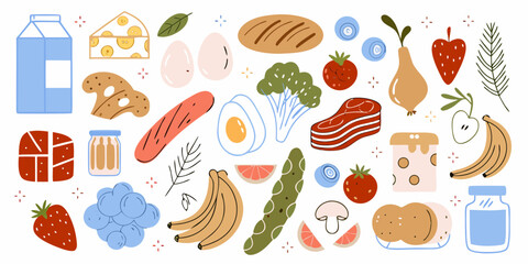 A vibrant collection of hand drawn food items including fruits vegetables dairy and protein sources