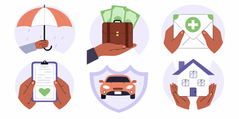 Collection of hands holding symbols representing different types of insurance and financial protection