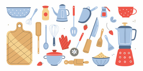 Collection of colorful kitchen utensils and baking ingredients arranged in a playful flat design style