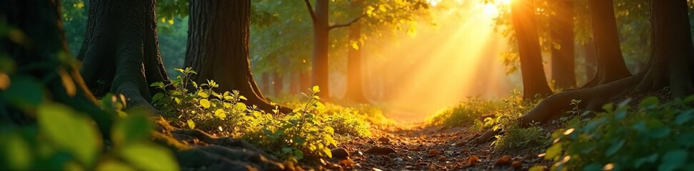 Golden hour sunlight streams through leaves, illuminating a forest floor with dappled light and warm shadows Perfect for nature, serenity, and peaceful backgrounds , nature, beam, background