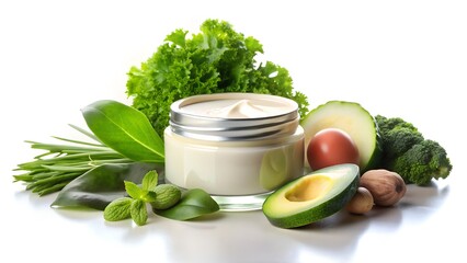 Natural vegan cosmetic cream surrounded by fresh organic ingredients for skincare