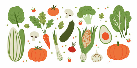 A vibrant collection of fresh vegetables and produce arranged in a playful pattern on a white background