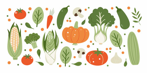 A vibrant collection of fresh vegetables and produce arranged in a playful pattern