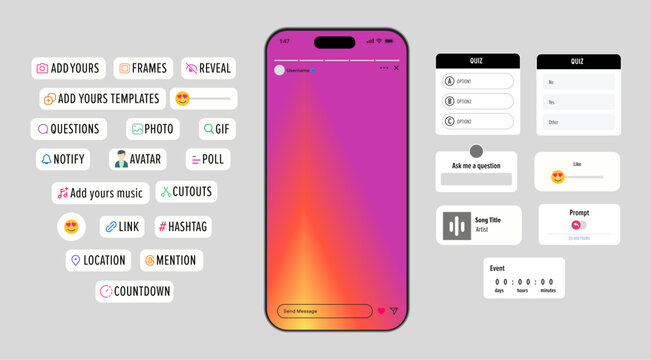 Social media interface stickers instagram, stories social media icons. Templates stories, hashtag, polls, emoji slider, countdown. Vector illustration.