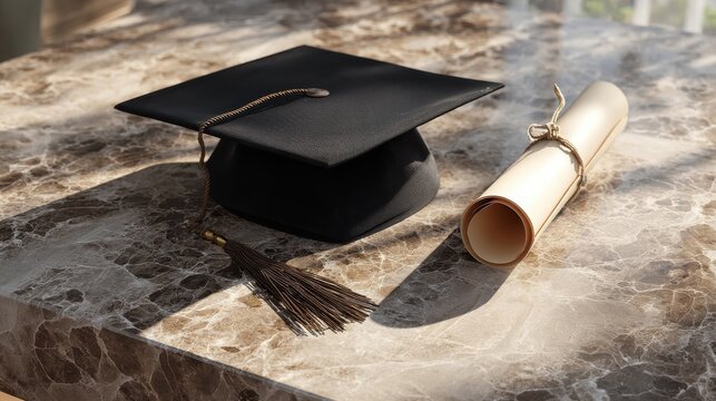 Celebrating graduation classic cap and diploma on elegant marble - a close-up of academic achievement