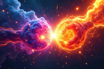 Intense close-up of two clashing, brightly colored energy blasts, representing a cosmic or magical vision fight Perfect for fantasy, sci-fi, or abstract concepts , futuristic, conflict, aura