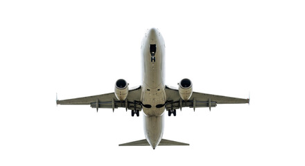 Large, sleek white Boeing 737 commercial jet, landing gear extended, captured from below against a pure transparent studio background with copy space, symbolizing global air travel