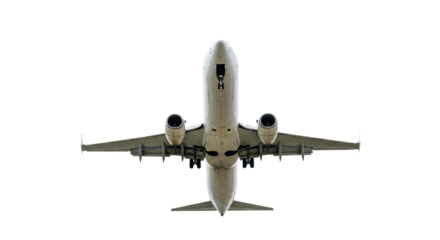 Large, sleek white Boeing 737 commercial jet, landing gear extended, captured from below against a pure transparent studio background with copy space, symbolizing global air travel