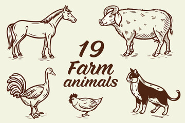 Fototapeta premium Hand drawn collection of farm animals horse ram rooster hen duck and cat in vintage style vector