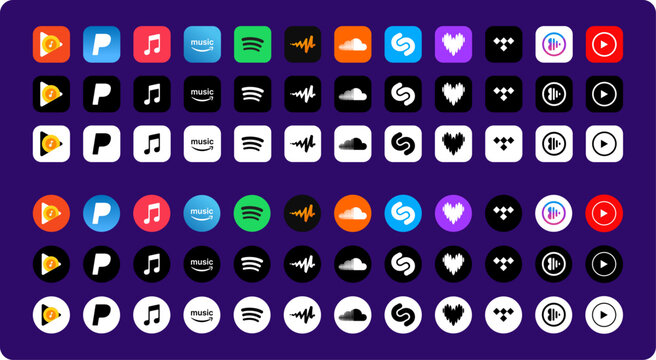 Popular music streaming apps logo icon set 2025. Spotify, Apple music, Deezer, Tidal, Soundcloud, YouTube music, Shazam, Pandora, Amazon music, Pandora, Audio Mac. vector logos.