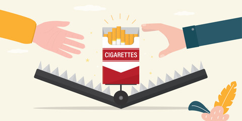 Disadvantage smoking cigarettes. May 31st World No Tobacco Day. No Smoking Day Awareness. Animal trap with cigarette pack. Human hands want catch tobacco in trap.