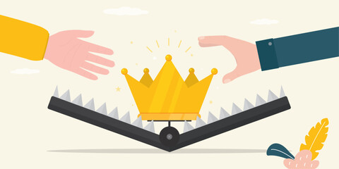 Golden crown in animal trap, bait. Customer hands catching crown. Deception, scam, fake discount or seasonal sale. Problems of fame, celebrity, influence.