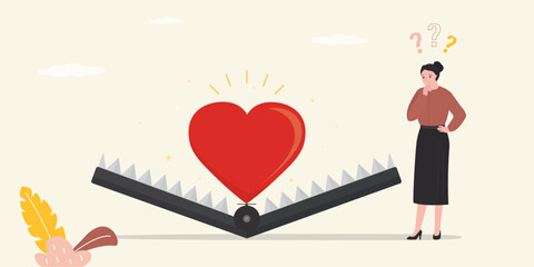 Woman thinking about giant heart in trap. Animal trap with heart as bait. mousetrap with bait love heart. Online dating, relationship, deception problems.