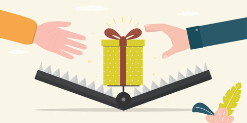Gift box in animal trap, bait. Customer hands catching prize or gift. Marketing, promotion campaign. Deception, scam, fake discount or seasonal sale. Fraud, freebie,