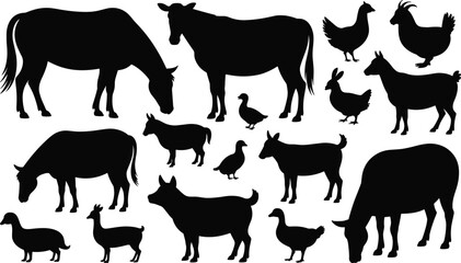 Farm animal silhouette vector, livestock clipart collection, goat, horse, cow, chicken, duck, rabbit, black farm animals set, rural icons
