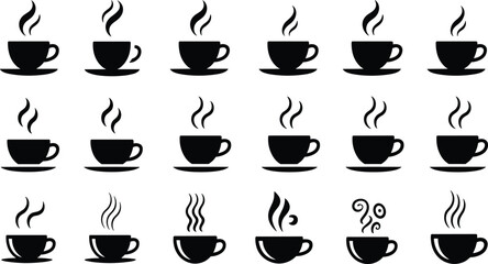 Set of steaming coffee cup icons, hot beverage symbols, coffee cup silhouette, coffee cup vector, cafe icon collection, black coffee design