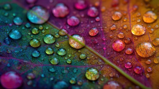 Colorful water droplets on vibrant leaf nature close-up outdoor macro photography