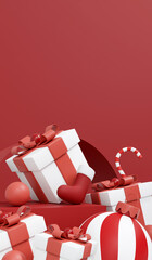 Red Christmas background with white gift boxes, striped ornaments, and festive decorations. 3D Illustration