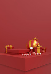 Minimal red Christmas background with gift boxes and golden ribbon decorations for holiday celebration. 3D Illustration