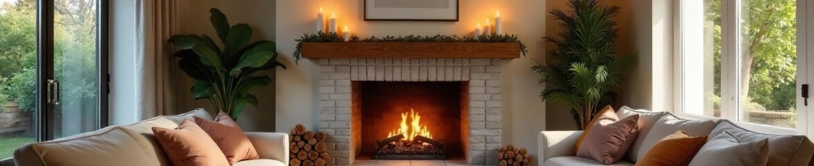 Cozy living room featuring a stylish fireplace mantel decorated with candles, greenery, and framed artwork, creating a warm and inviting atmosphere , artwork, style, fireplace