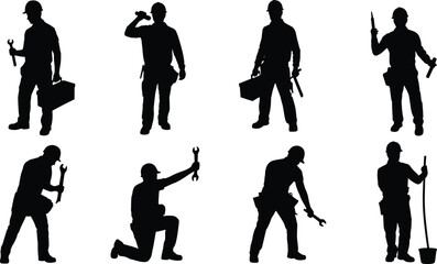 Silhouettes of construction workers with tools, hard hats, toolboxes, working poses, maintenance, repair, industrial labor, building, safety gear, professional tradespeople, 