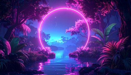 Obraz premium Neon jungle scene with glowing circle