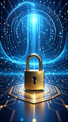 Gold padlock on digital circuit board background