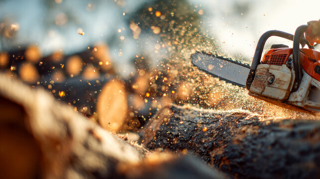 Dynamic woodcutting activity with chainsaw in a forest during the golden hour light