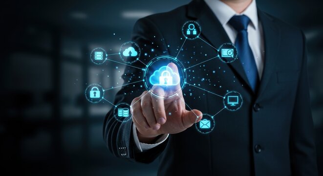 Businessman touching a digital cloud network with security icons, representing data protection and cybersecurity services