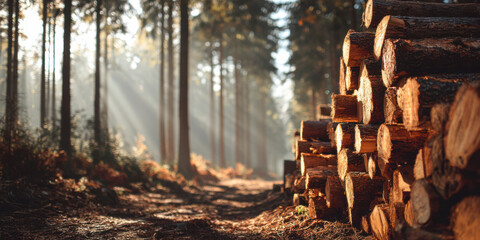 Forest cut area with stacked logs during timber harvesting in sunlight