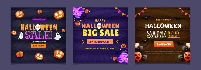 Naklejka premium Set Halloween Sale Exclusive Designs Featuring Festive Themes and Discounts