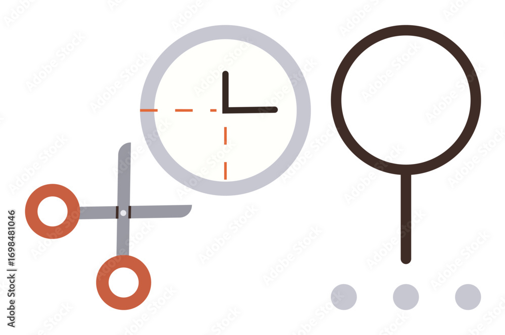 Aufkleber scissors cutting through a clock, magnifying glass, and dots emphasizing time focus, precision, and 